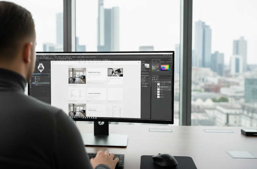 Ein junger Mann sitzt in einem Büro vor einem Monitor und erstellt ein Design.